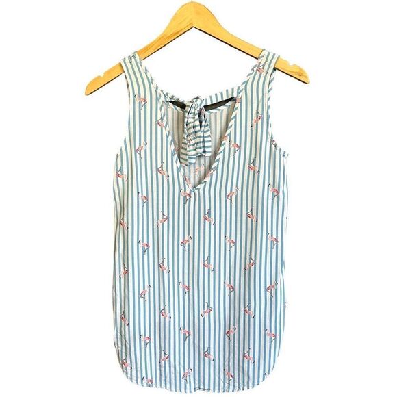 OVS Flamingo Print Blue Stripe Keyhole Sleeveless Blouse - Picture 1 of 9